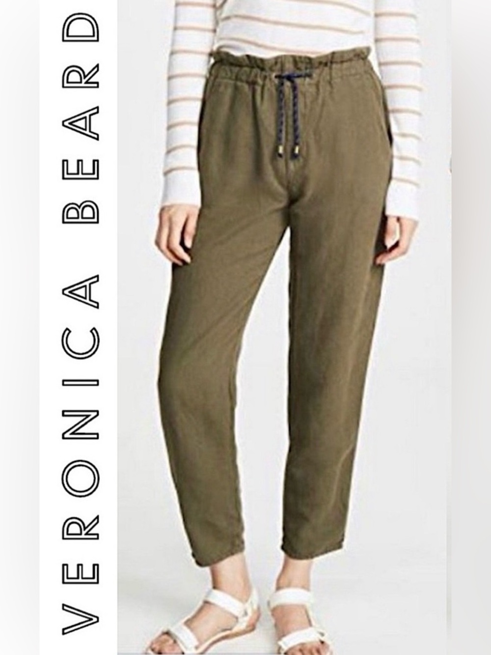 VERONICA BEARD Jay Draw Cord Carrot Pant Army Green Linen Drawcord High Rise S